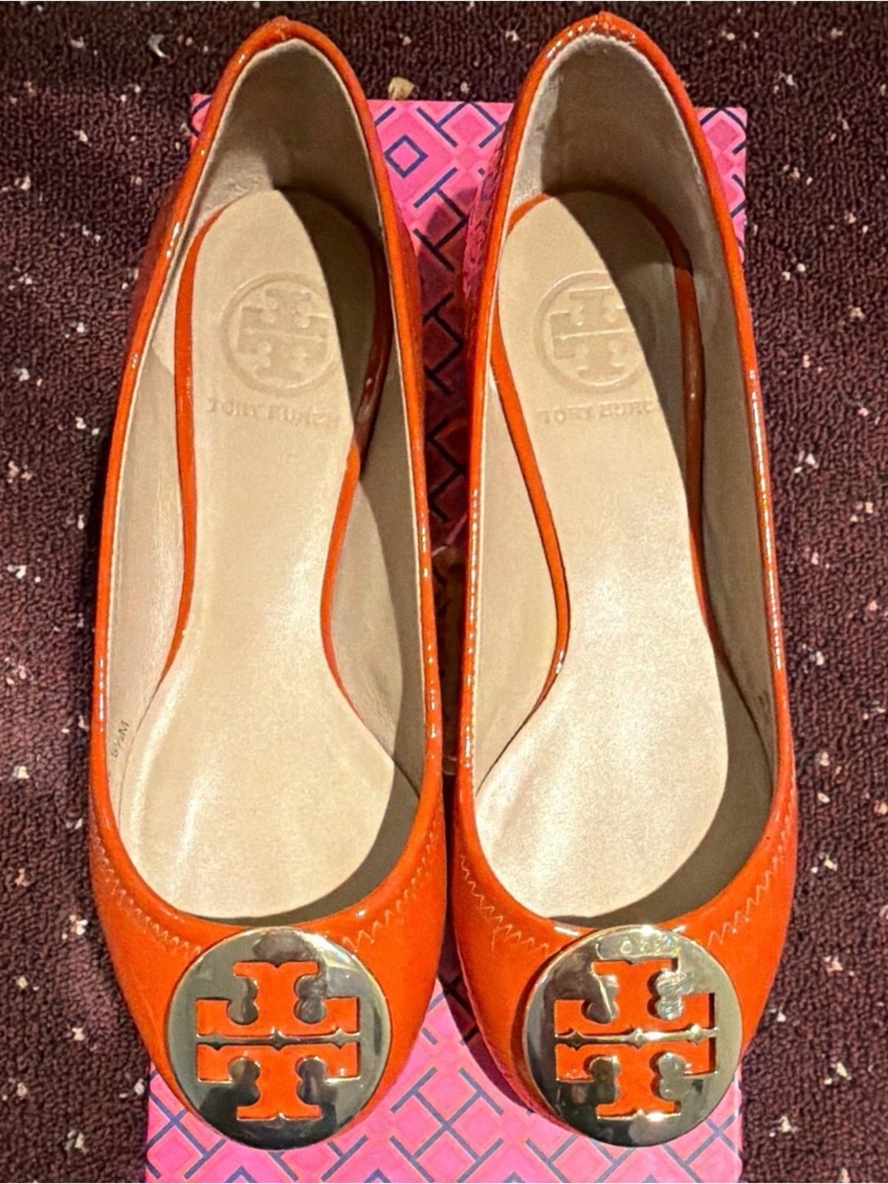 Tory Burch Orange Patent Logo Ballet Flats